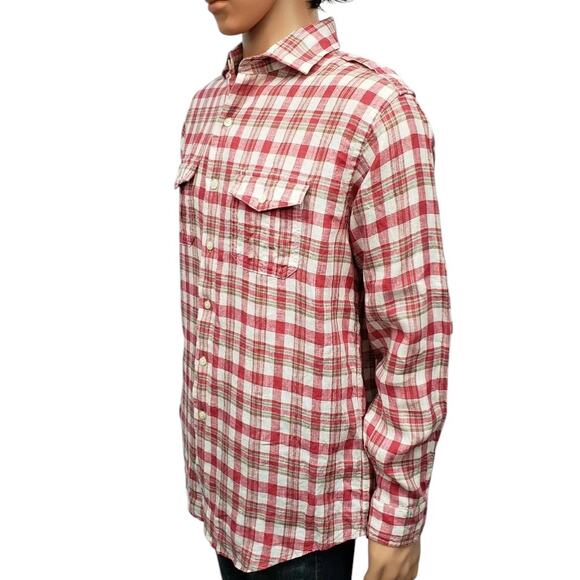 BROOKS BROTHERS 346 Linen Shirt Men M Double Pocket Military Epaulets Plaid Red - Picture 3 of 11